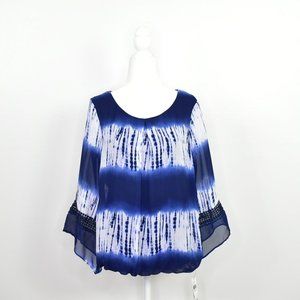 AB Studio Tie Dye Flare 3/4 Sleeve Top Small Navy Sheer Boho High Low Hippie